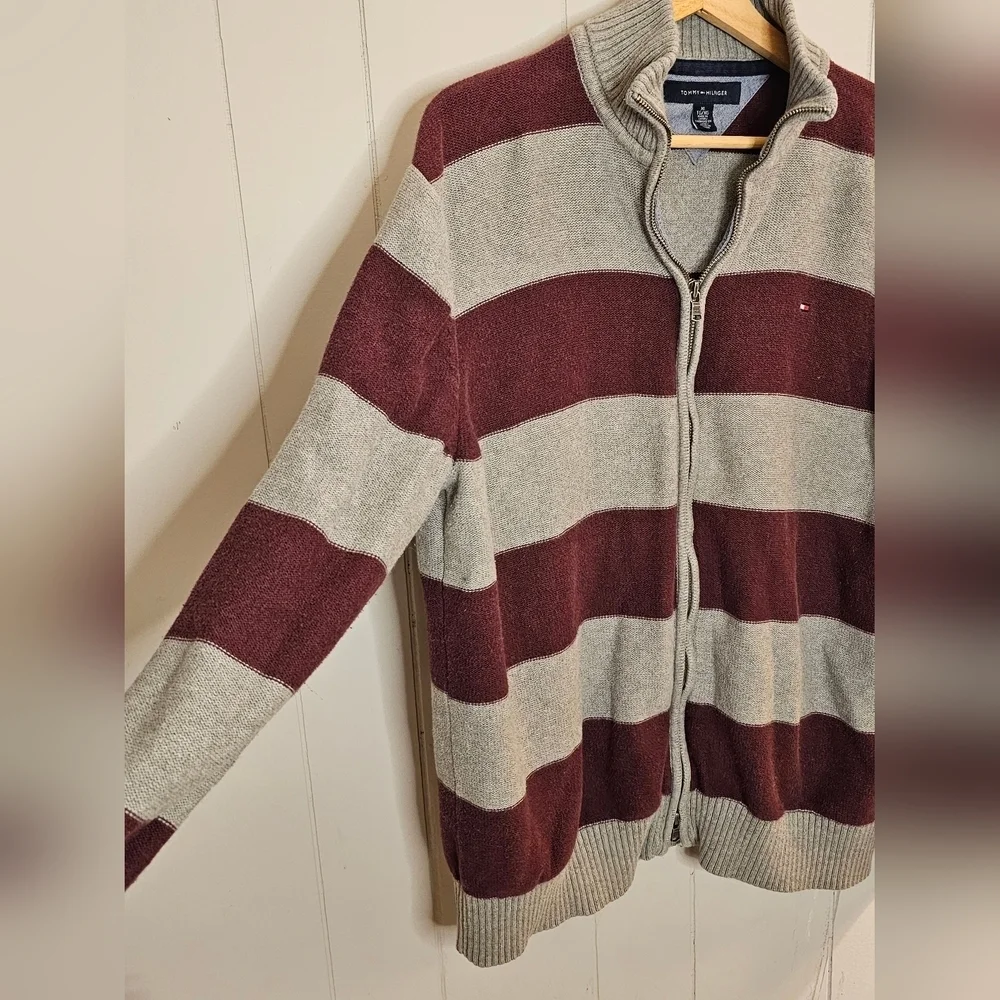 TOMMY HILFIGER Mens Gray/Burgundy Stand Collar Zip-Up Sweater, XL